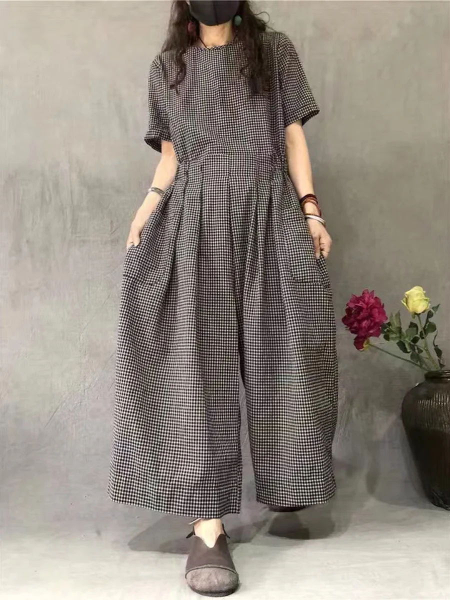 Summer Faion Pleated Plaid ort Sve Rer Wide Leg Pants Casual round Ne High Waist Straight Cut Women's plus Size