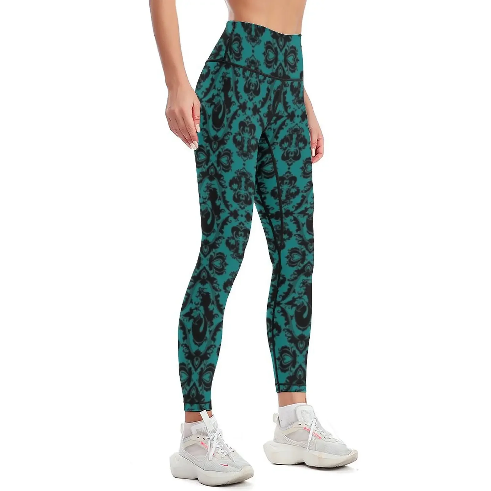 Mermaid Damask (Teal and Black) Leggings sport set workout shorts gym pants Womens Leggings