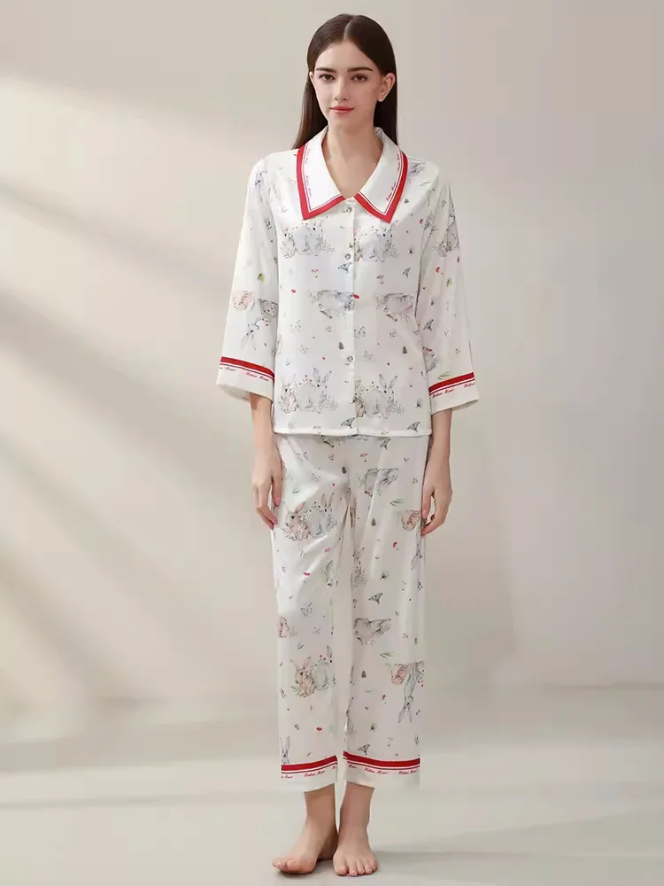 Cartoon Real Silk Pajamas Two-piece Long Sleeve Cute Pajamas Pants Printed With Animals Pure Silk Womens Pajama Set Sleepwear