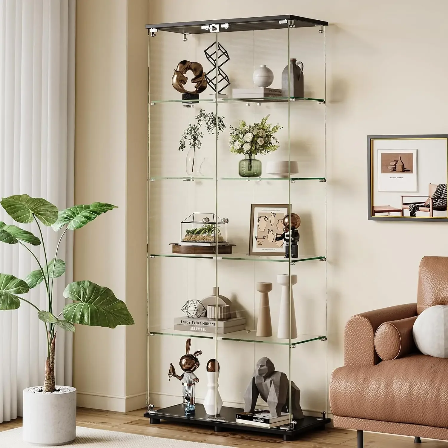 

74.5" Glass Display Cabinet: 5-Shelf, Double Doors, Floor Standing, 31.7"L x 14.3"W, Black, for Living Room, Bedroom, Office