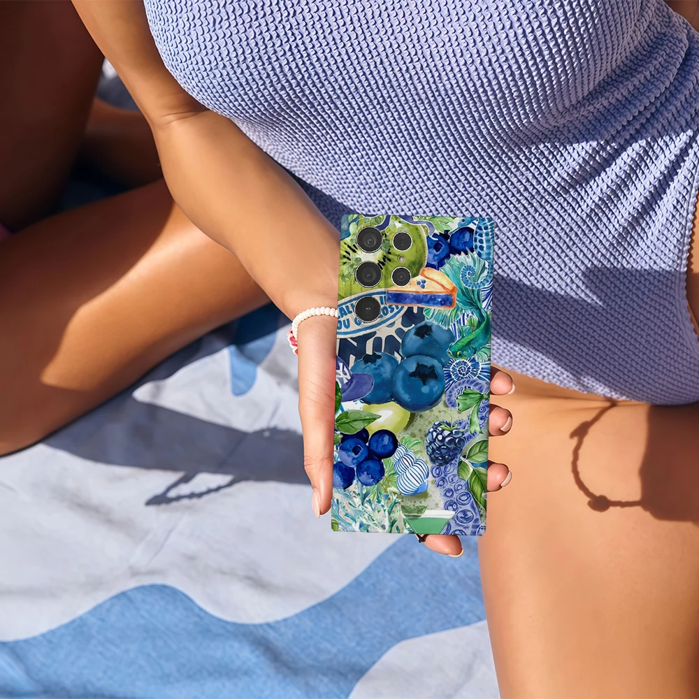 الأزرق الكولاج الفن قضية الهاتف لسامسونج غالاكسي S25 S24 S23 الترا زائد A35 A75 لامع HD الغلاف الصلب فيلم شل