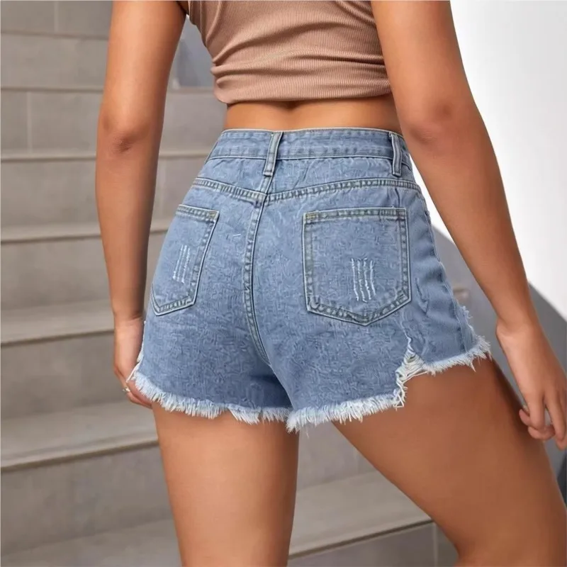 Ripped Raw Denim Shorts For Women Fashion A-line Hem Female Summer Hot Pants Streetwear Blue Clothing Skinny Sexy Retro Leisure