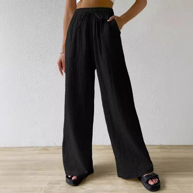 Calças Femininas de Perna Larga com Zíper Oculto na Virilha, Cor Sólida, Elásticas, com Bolso, Estilo Casual e Versátil, Soltas e Sem Virilha