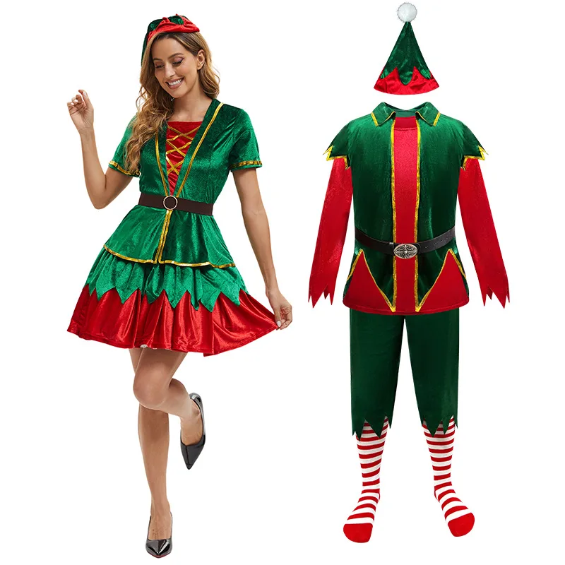 Chrismas Costume Cosplay Green Elf Fancy Dress Suits Xmas Theme Party Rolr Playing Clothing Sets Adult Men Women