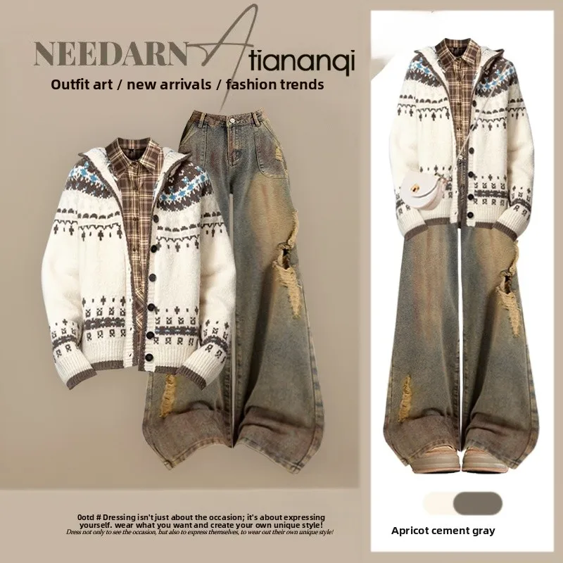 

2026 Spring Faion Fair Isle Hooded Sweater Jaet Slim Che irt Denim Tee Piece Set Sli plus Size Women's Ensemble