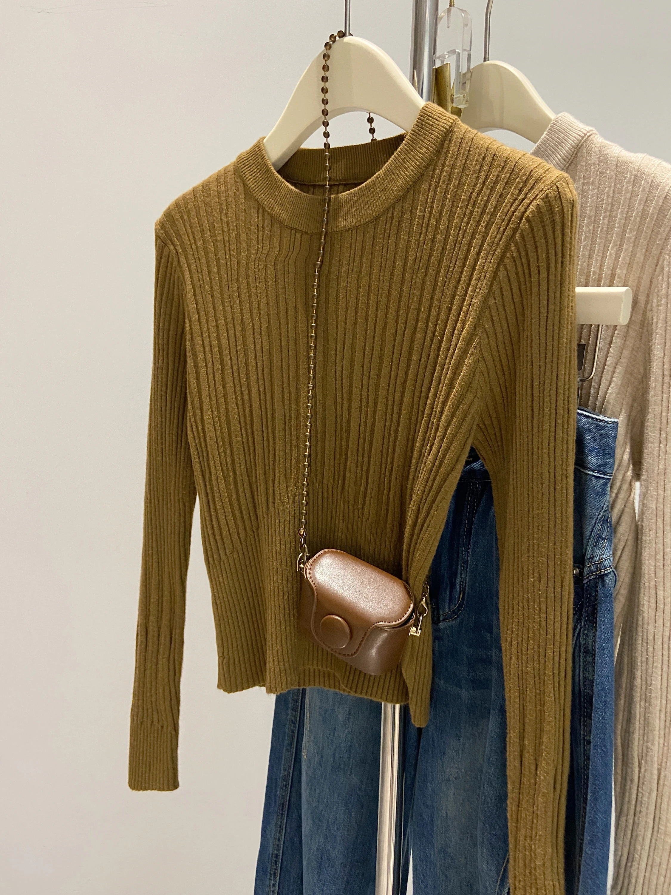 Suéter Corto E de Color Sólido con Cuello Redondo para Mujer, Otoño Invierno, Ajustado a la Cintura, Capa Base, Prenda...