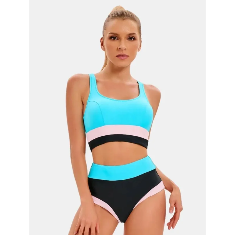 

Цветные блоки, быстросохнущий купальный костюм для серфинга, профессиональный тренировочный купальник, спортивный женский спортивный купальник из двух частей