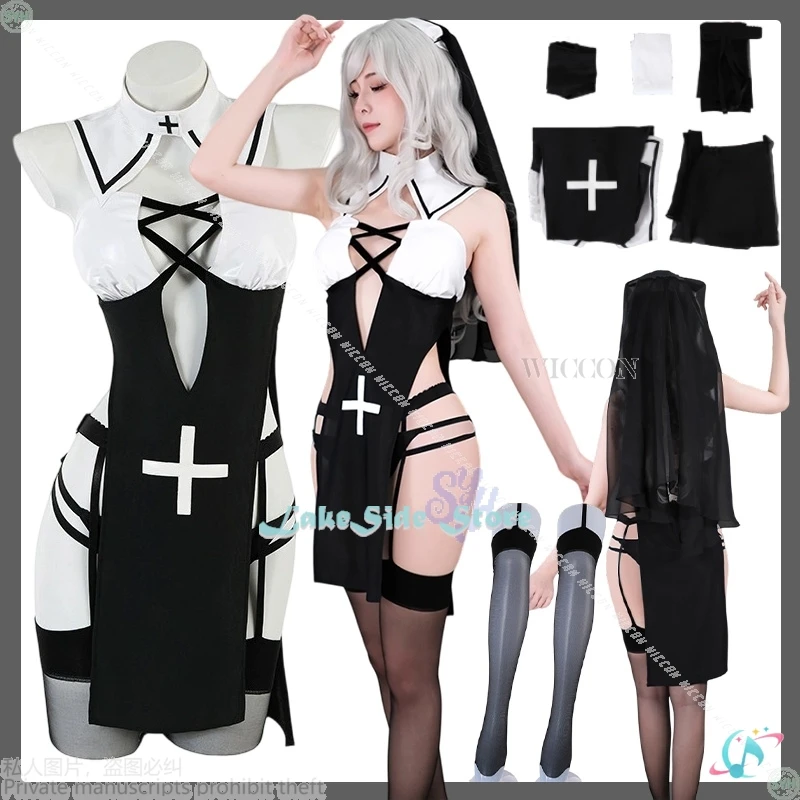 

Sexy Nun Sister Uniform Black Stockings Slit Dress Headscarf Jirai Kei Girls Bikini Lingeries 코스프레 2025 Halloween Party Cosplay