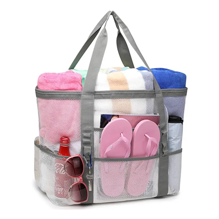 9 Pockets Large Beach Bag For Towels Mesh Durable Picnic Bags For Toys Waterproof Underwear Pocket Beach Tote Bag Summer 2022