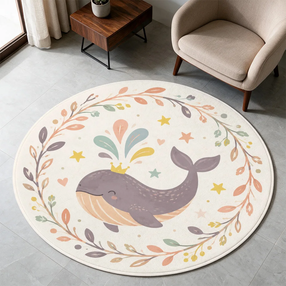 Cute Watercolor Whale Nursery Rug for Baby Kids Playroom Decor Washable Round Area Mat