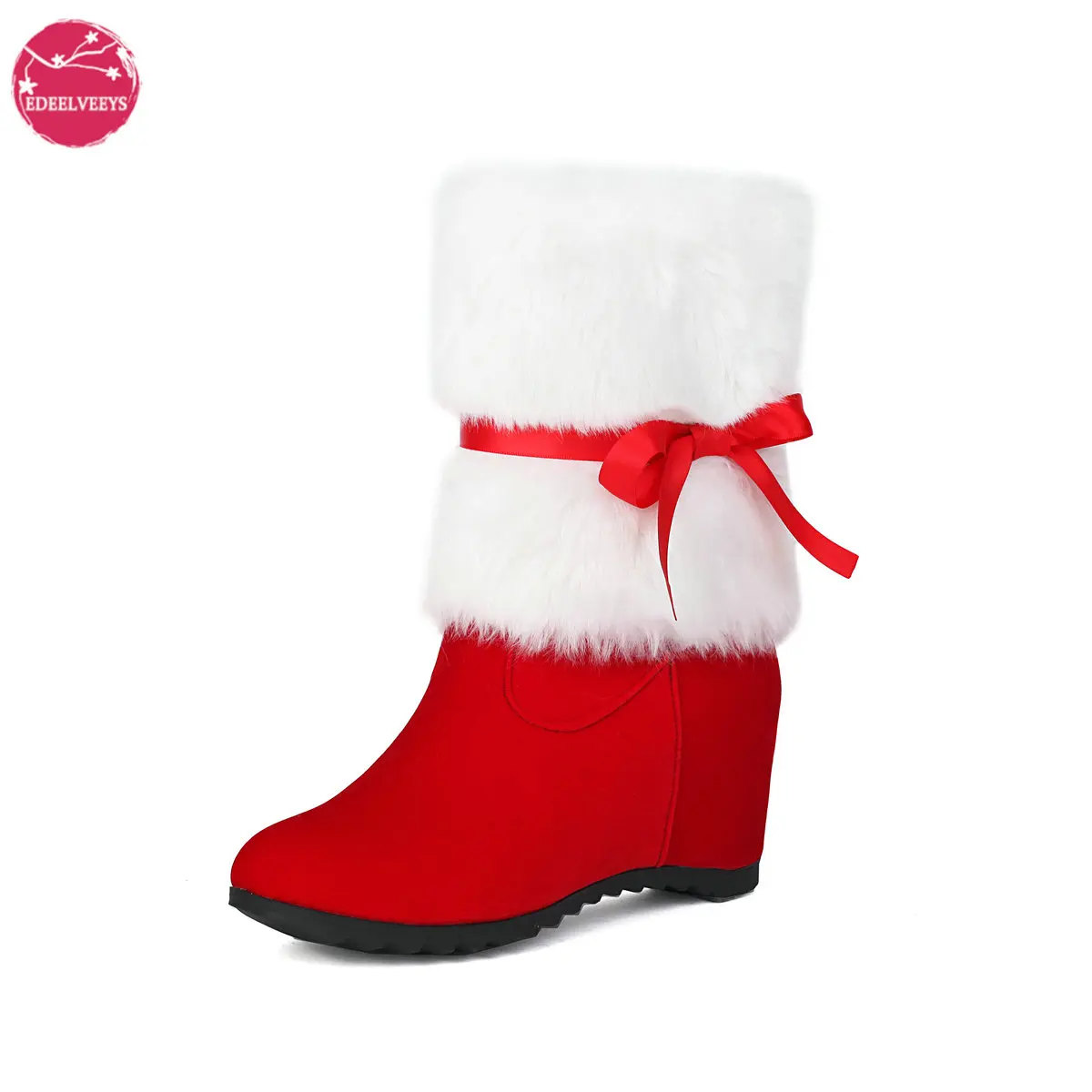 

Womens Christmas Boots Slip-On Wedges Heel Mid Calf Boots With Fur Female Faux Suede Lolita Bow Winter Warm Snow Boots