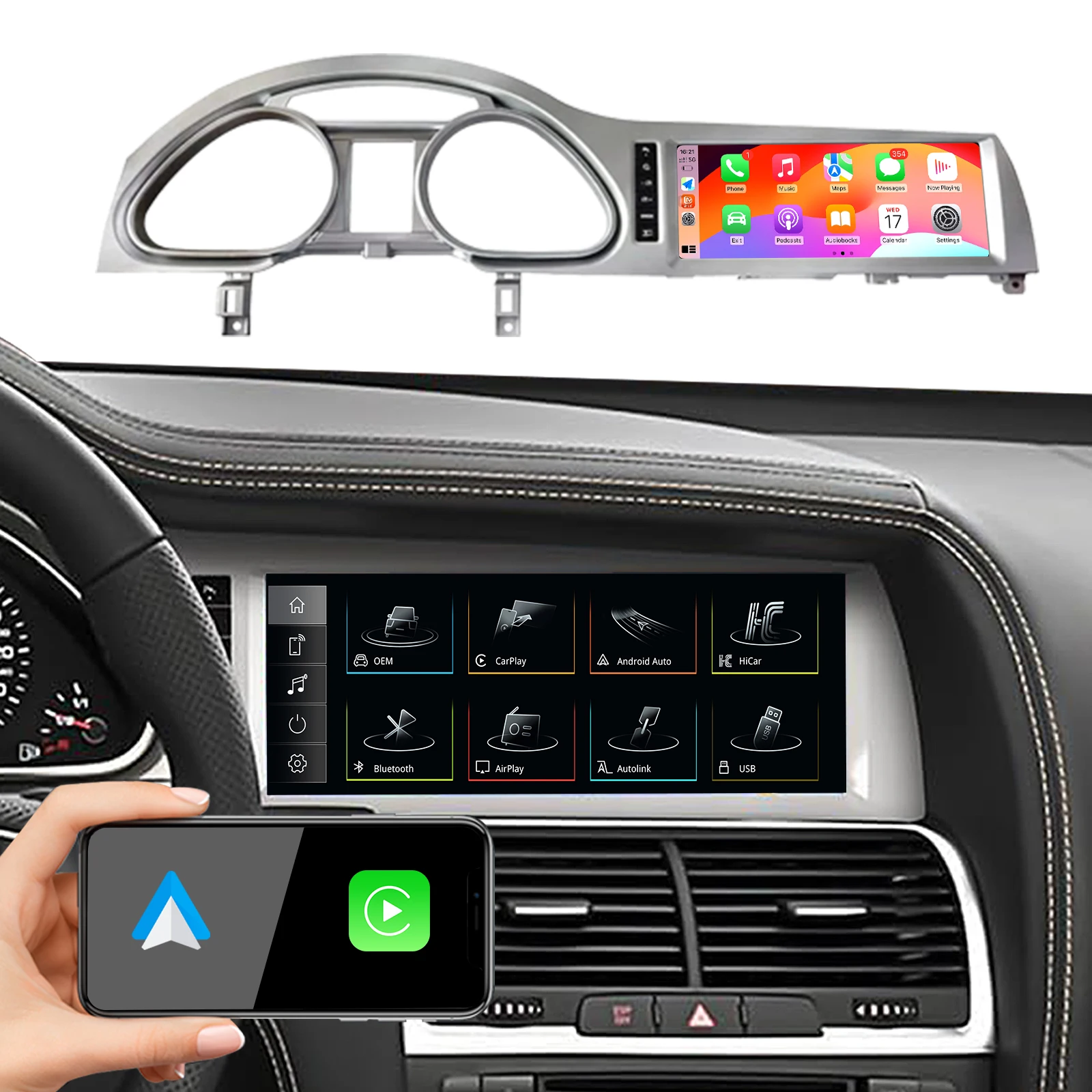 10.25 "1920*720 أندرويد 14 سيارة ستيريو لاسلكي Carplay لأودي Q7 4L 2005-2015 2G 3G راديو لتحديد المواقع والملاحة الوسائط المتعددة AudioScreen