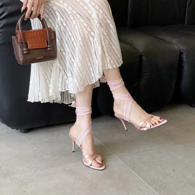 

Women Strap Sandals Slim Heels Spring 2025 New Round Toe High-heeled Elegant French Style Fashion Open Toed Temperament Sandals