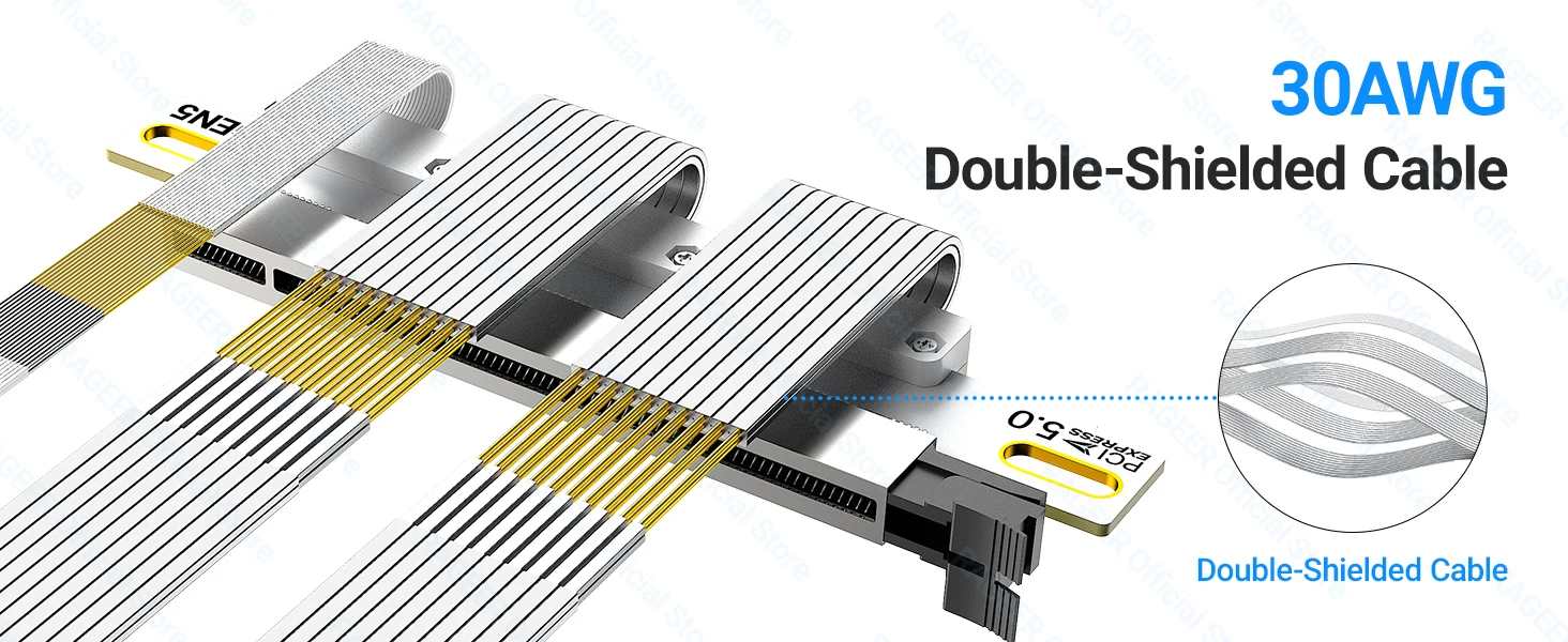 RAGEER PCIe 5.0 Dual Reverse GPU Riser-Kabel 128Gbps 30AWG Doppelt Abgeschirmtes Flachkabel Dual Reverse Verlängerungskabel für ITX-Gehäuse – Detail 15