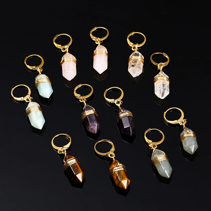 Change Better Natural Black Agate Pink Quartz Tiger Eye Stone Hexagon Dangle Earrings Women Reiki Healing Crystal Hoop Earring