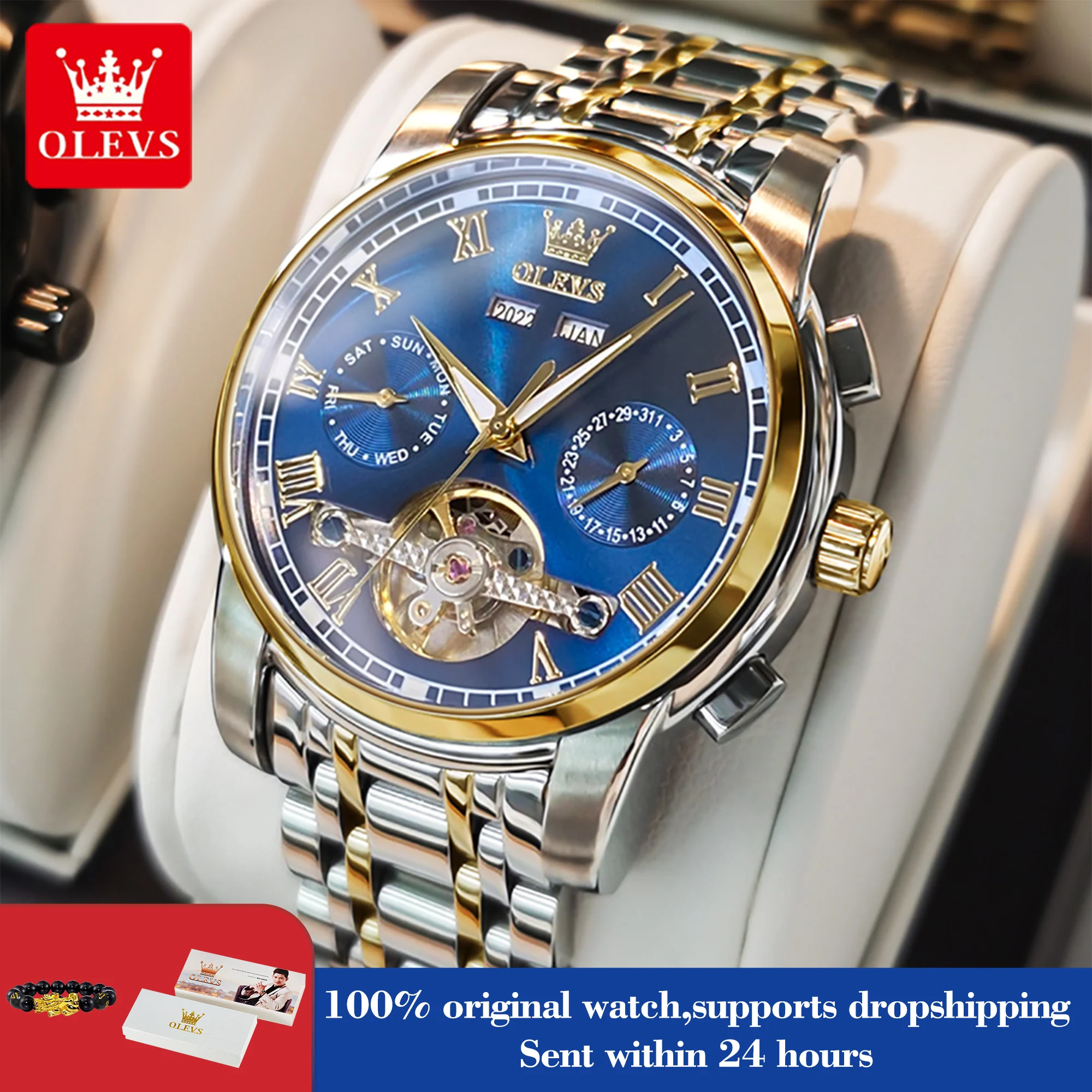 

OLEVS 6607 Original Men's Watches Automatic Mechanical Business Wristwatch Skeleton Waterproof Stainless Steel Watch for Men Hot