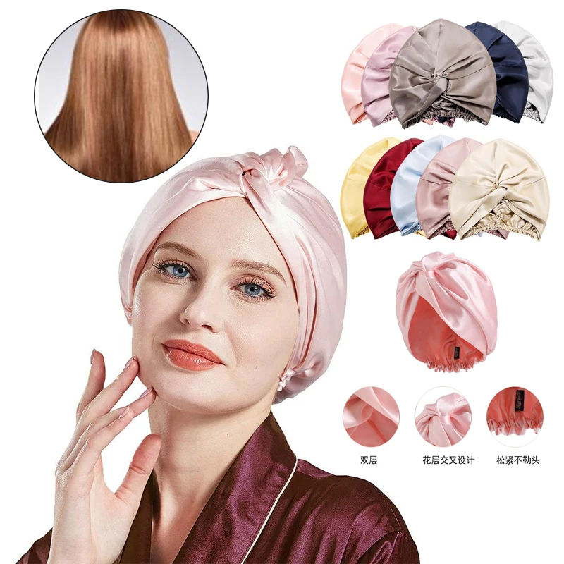 

1*Silk-like Women Satin Solid Sleeping Hat Double Layered Night Sleep Cap Women Shower Caps Waterproof Sleeping Hair Bonnets Cap