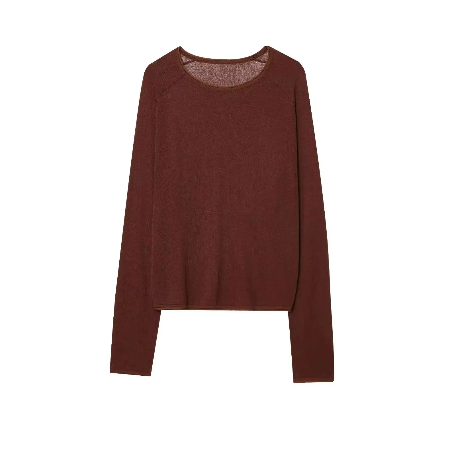KONDALA Chic Brown Casual Knitted Woman Long Sleeve T-shirts Fashion 2025 Summer O-Neck Streetwear Mujer Loose Vintage Knitwear