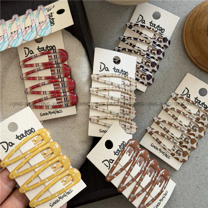 Hair Clips 4 Pack Leopard Polka Dot Bow Plaid Vintage Korean Side Bangs Styling Cute Durable Resin Decorative Accessory