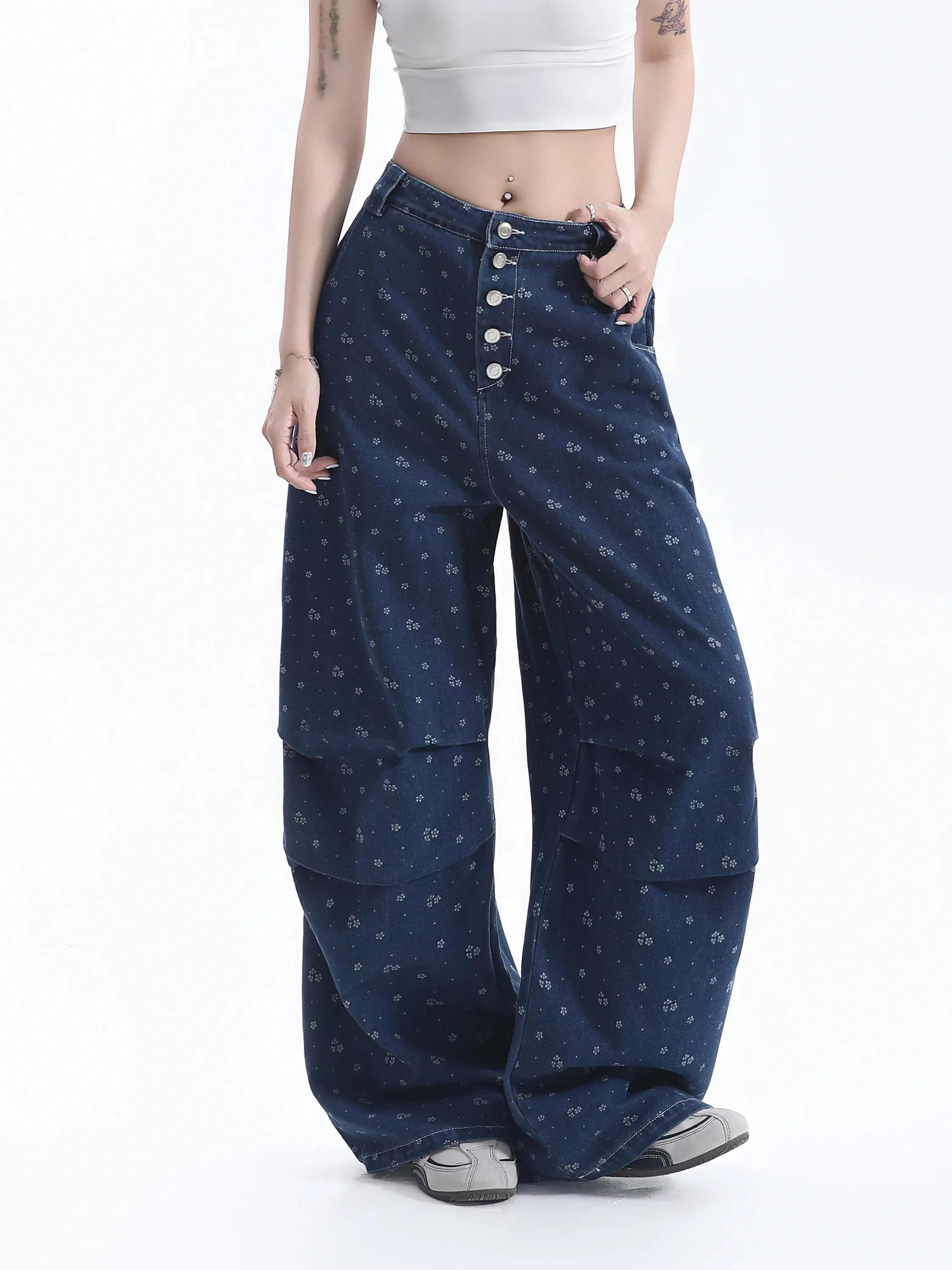 Floral Print Loose Fit Women's Jeans Button Detail Casual Wide Leg Pants Versatile Casual Cotton Polyester Blend Deep Blue