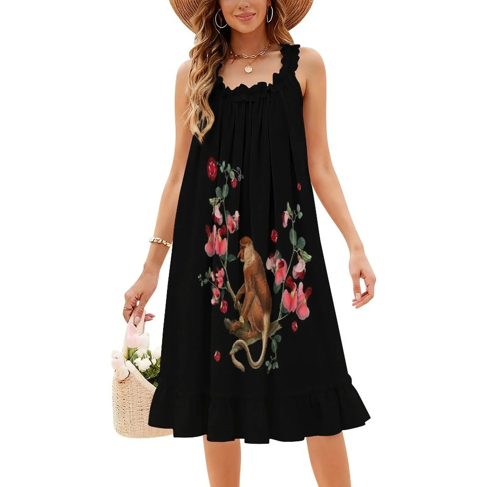 Monkey World: فستان قصير من Nosy Preppy Style للنساء على شكل حرف a فضفاض مناسب فستان يوم غير رسمي قرد وردي زهرة نباتية طبيعة زهور #4