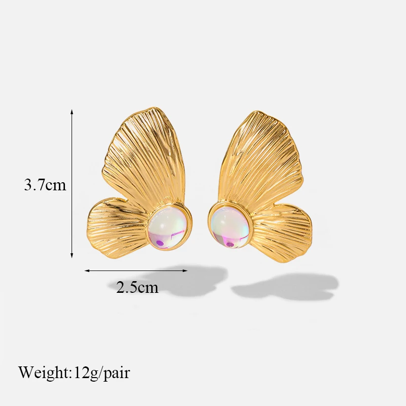 GANEMLY 316L Stainless Steel Butterfly Opal Stone Earrings For Women Fashion 18K Gold Plated Ear Dangle Waterproof Jewelry Gift