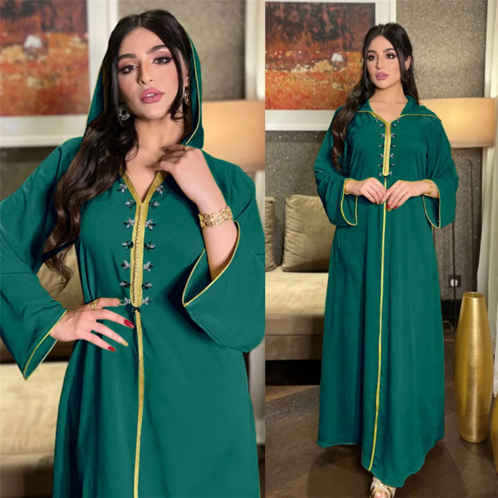 

Eid Dubai Abaya Dress Jellaba for Women Fashion Rhinestones Hooded Robe Kaftatn Muslim Party Morocco Islamic Turkey Clothing