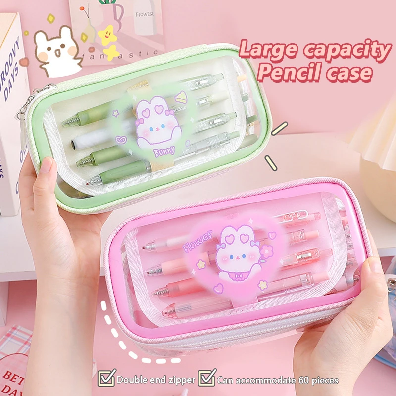 Kawaii Cosmetic Bag Transparent Pencil Case Large Capacity Waterproof Pen Bag Cartoon Student School Supplies Stationery