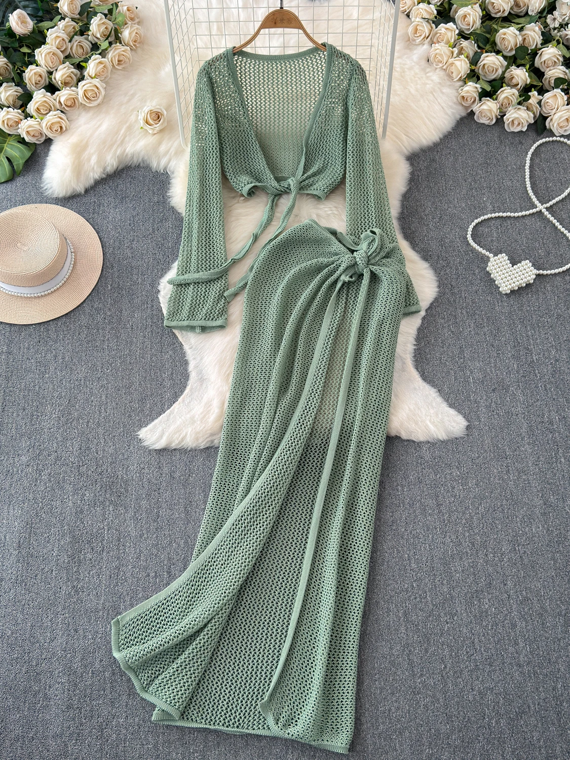 Beach Vacation Bikini Cover up Waist Tie Mesh Beach Sun Protection Clothing Hot Spring Spa Two Piece Set Women's Fashion Ense...