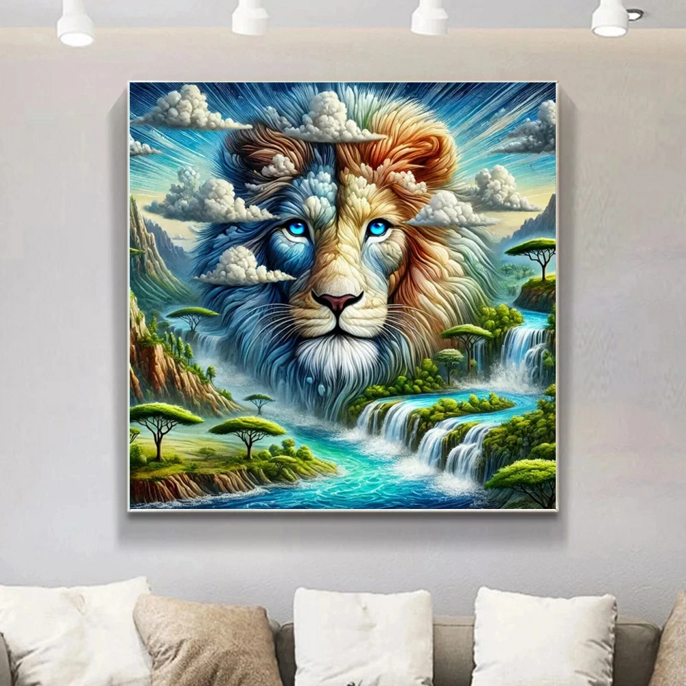 Nouvelle Arrivée Mosaïque Diamant Lion Animal Idéal pour Débutants Broderie Paysage Cascade Peinture DIY Nuage Cadeau Enfant