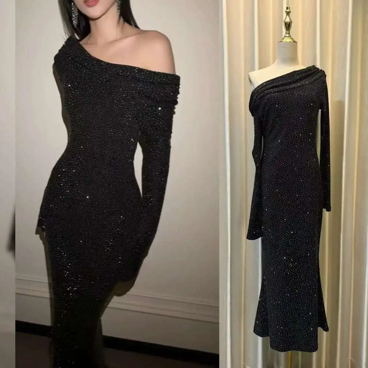 

Autumn Winter Black Evening Prom Dress Women Long Sleeve Pencil Fishtail Maxi Dresses Party