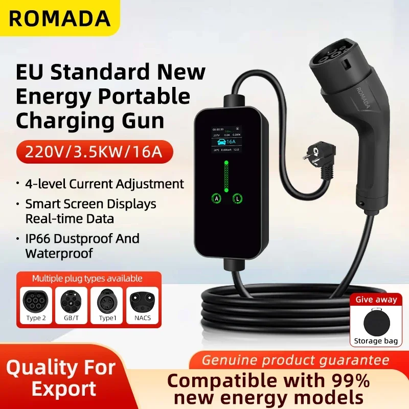 Portable EV Charger Plug And Play 16A 32A 3.5KW 7KW Type2 GBT20234 1Phase with EU CEE Plug 5M 10M Cable for Electric Vehicle CE