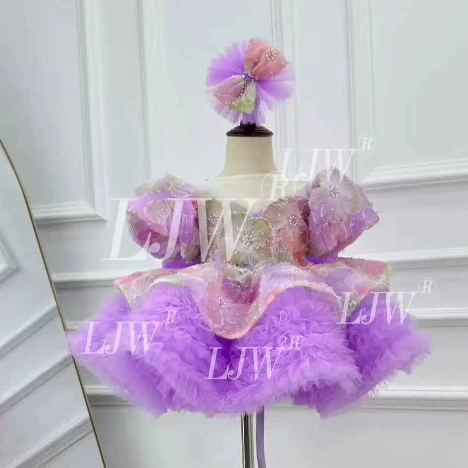 Vestido Tutú de Tul Lavanda para Niñas, Vestido Corto con Flores 3D Hechas a Mano, Traje de Fiesta de Cumpleaños o Boda para Niñas Pequeñas, Disfraz de Hada