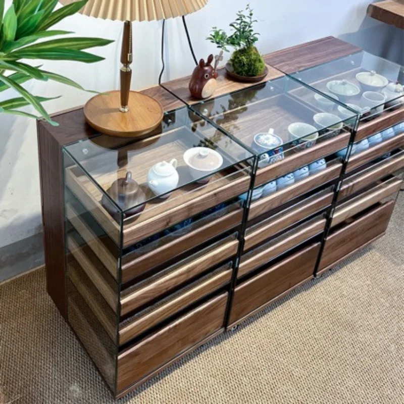 Black walnut tea set storage glass display cabinet solid wood table side cabinet