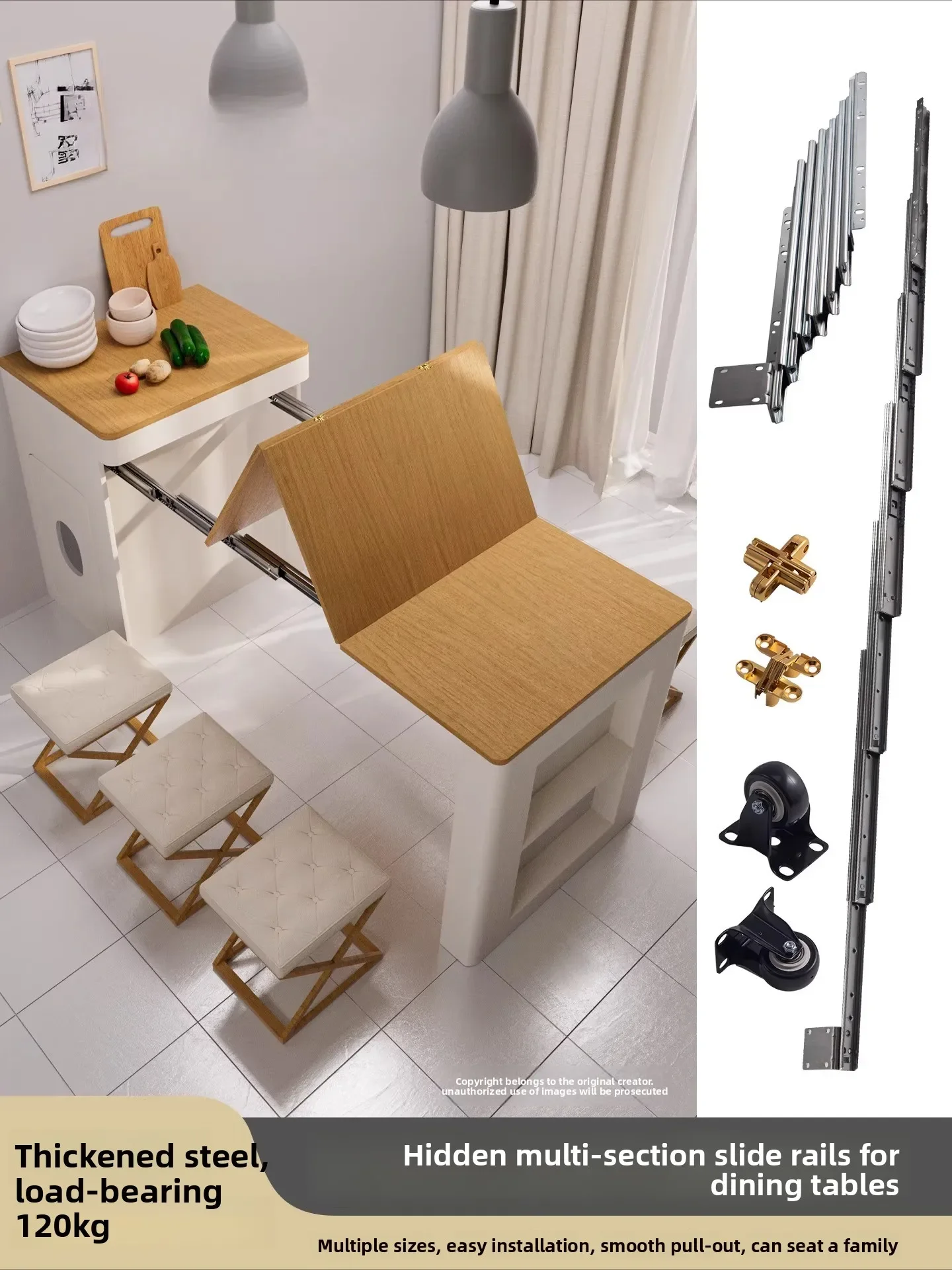 Hidden telescopic dining table hardware accessories space-saving folding storage heavy-duty slide rail dining side cabinet