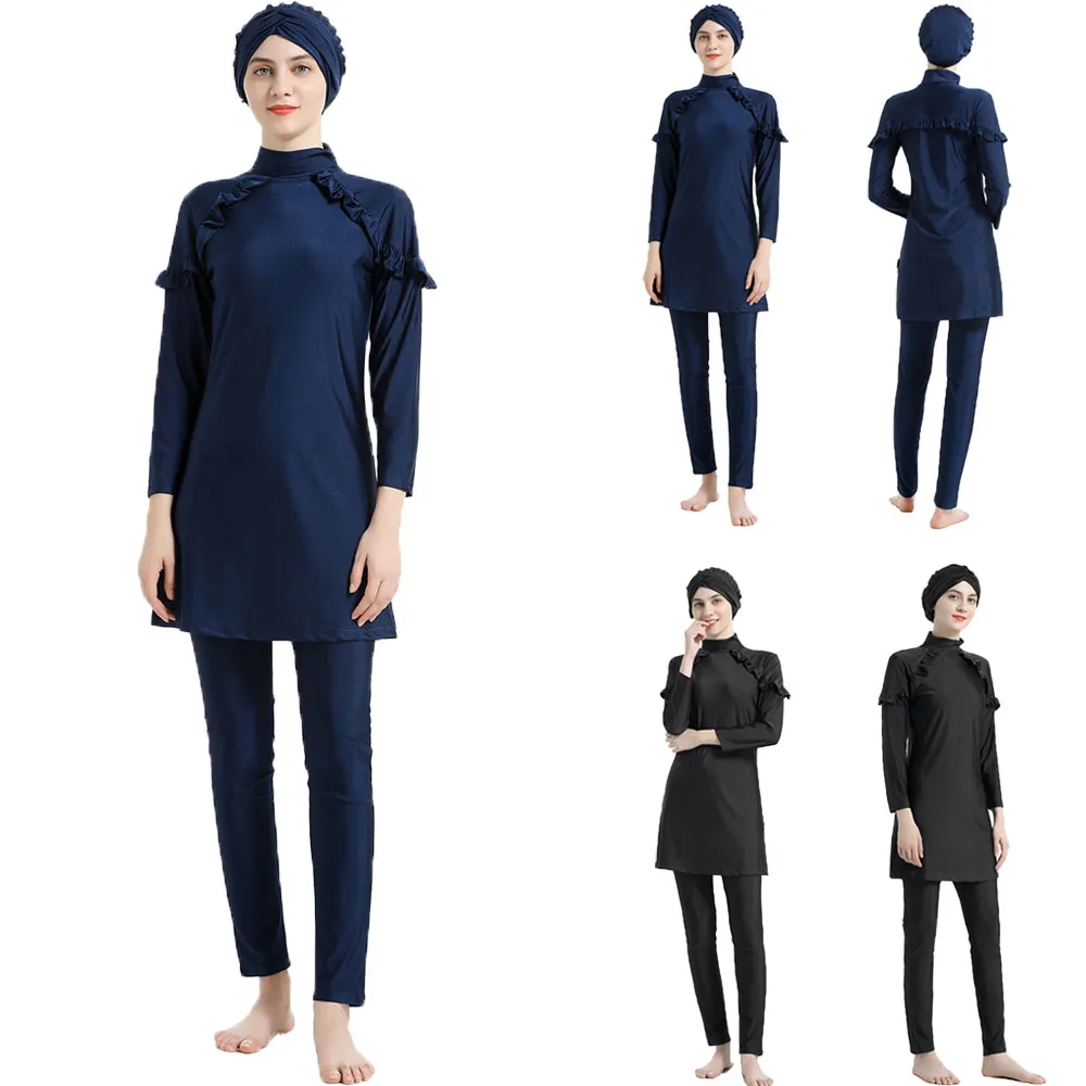 

Summer Burkini Muslim Women Swim Suit 3 Pieces Plus Size 4XL Long Sleeve Conservative Suit Beach Surfing Swimwear Solid Color