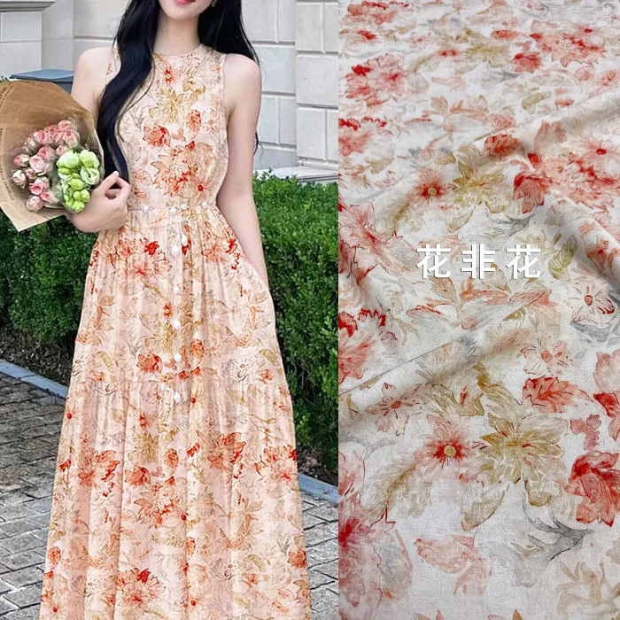 

Бежевая ткань из шелкового стрейч-крепдешина с абстрактным цветочным принтом, материал из тутового шелка для платьев, ширина 140 см, для блузок