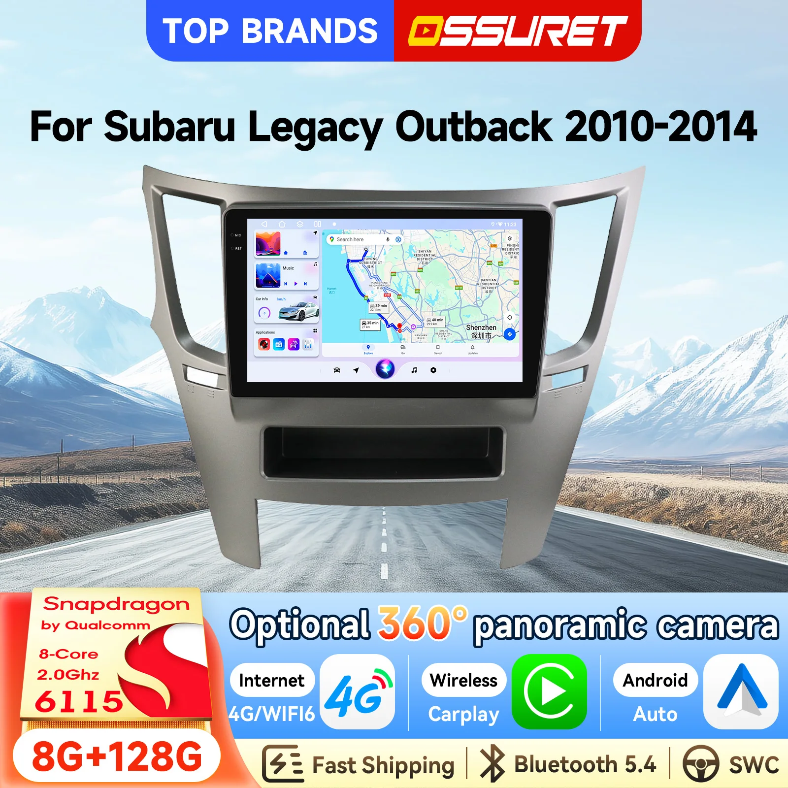 OSSURET 2 Din 9'' Navigatore GPS Android 15 Autoradio per Subaru Legacy Outback 2010-2014, Unità Principale con CarPlay, Android Auto, Schermo Intelligente AI, SWC, FM, AM, RDS, DSP, Audio, Radio, 4G,