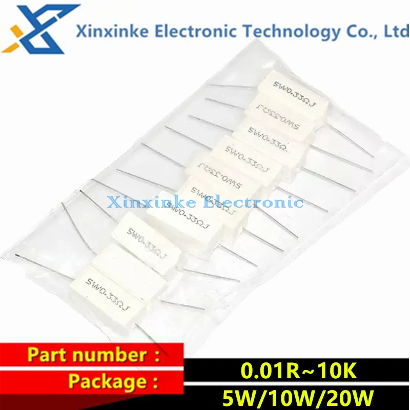 5 sztuk 20W rezystor cementowy 1.5R 2.2R 3.3R 4.7R 10R 22R 47R 100R 120R 220R 470R 1K 1.5K 2.2K 4.7K 8.2K 10K Ohm odporność na energię