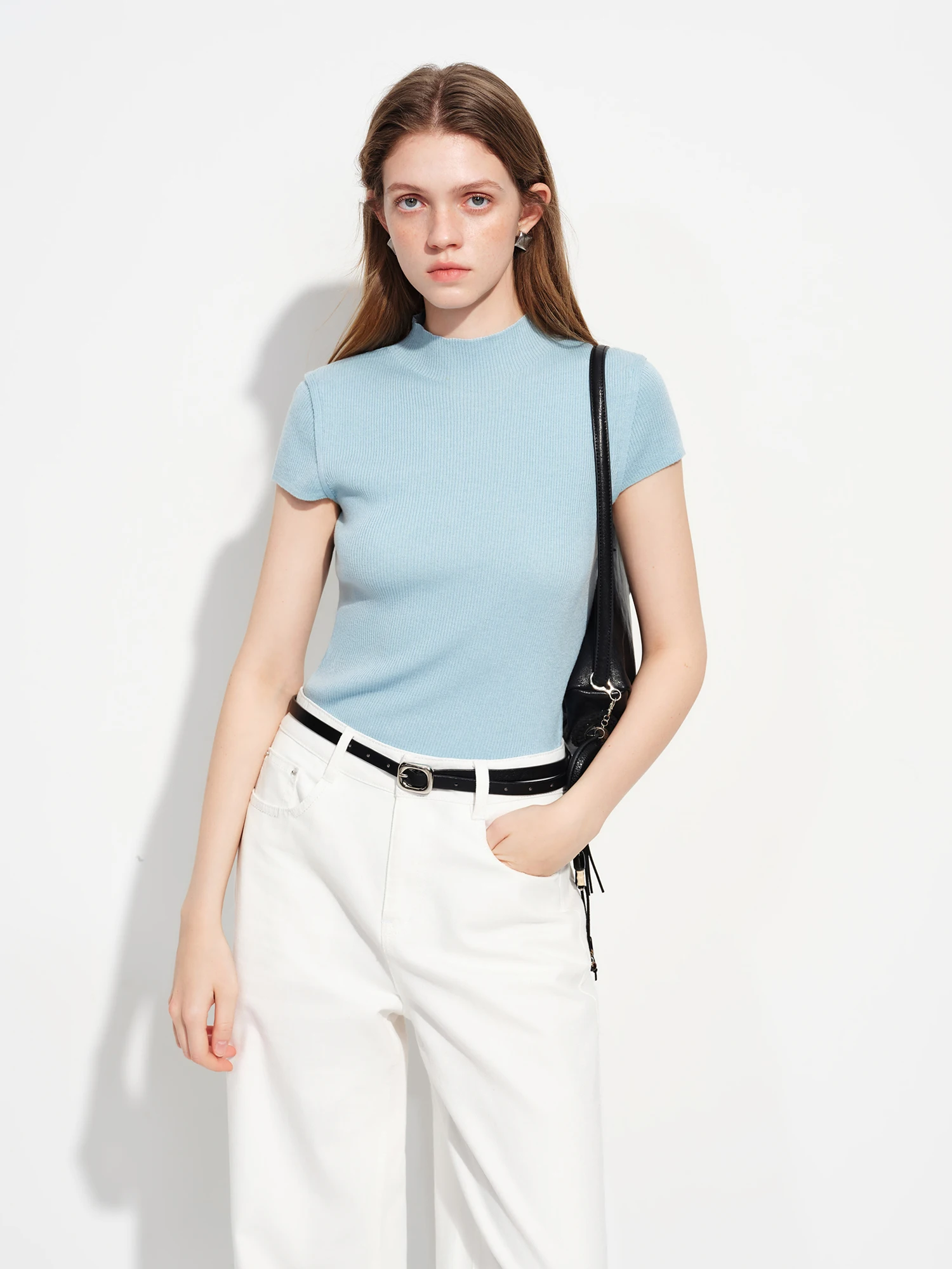 FSLE 2026 Spring Women's Semi-High Neck Solid Wool Knit Sweater - Slim Fit Short Sleeve Simple Top for Casual Office Wear​