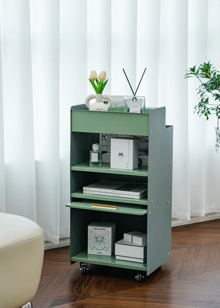 A few modern household lockers on the side of the sofa, simple living room, small coffee table, bedroom storage corner