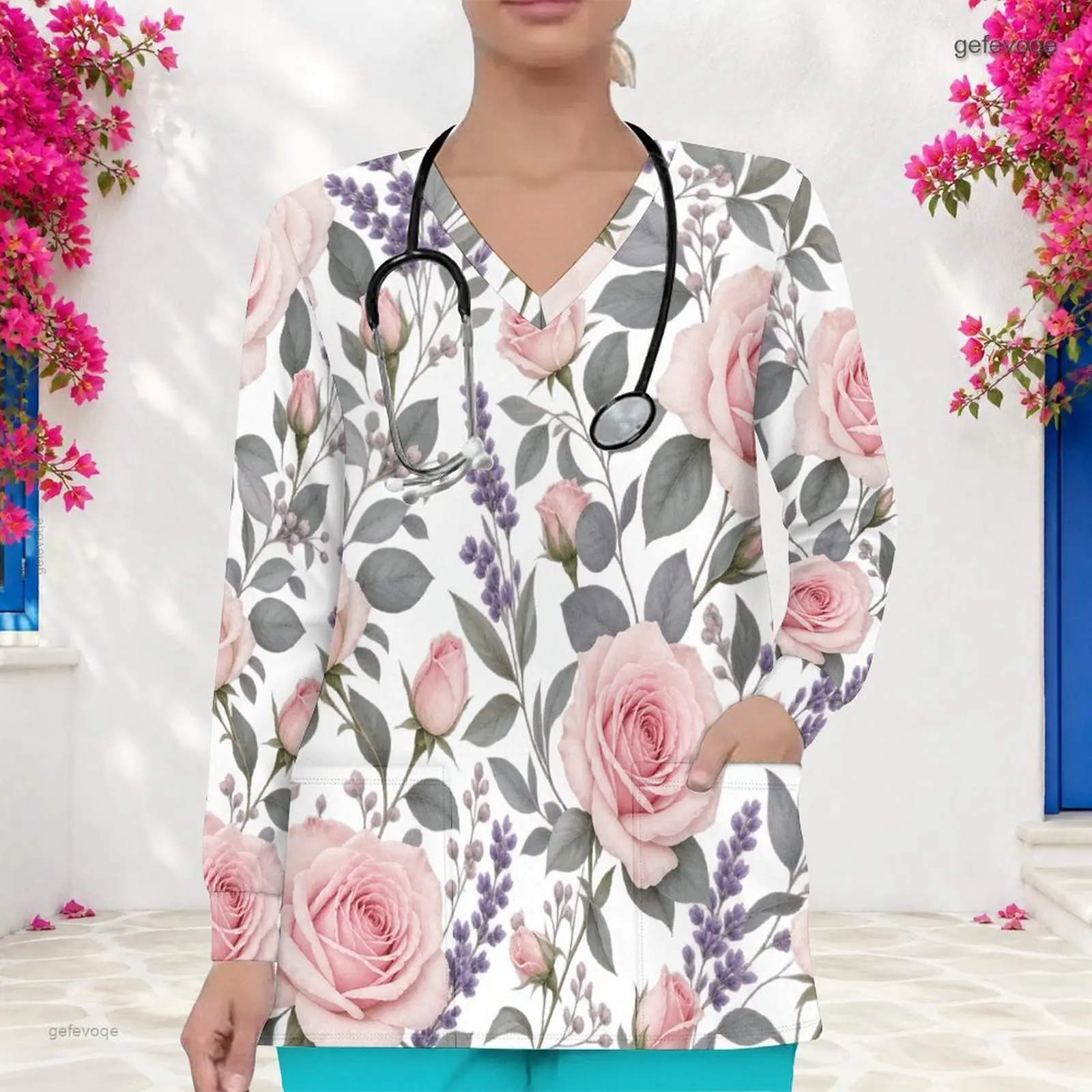 Women Printed Pink Rose Lavender Floral V Neck Long Sleeve Scrub Top with Front Pockets