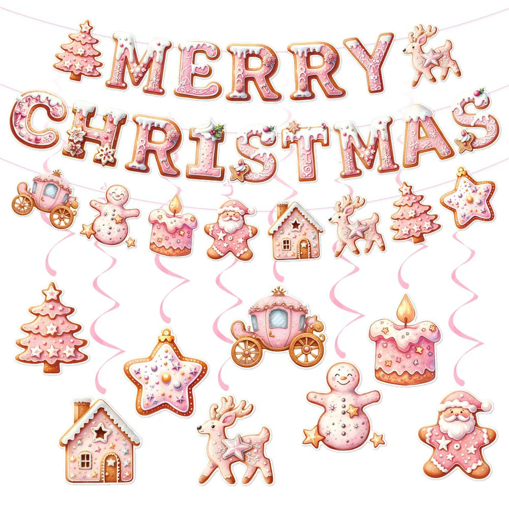 Fiesta de Navidad Navidad hombre de jengibre rosa cartel de Feliz Navidad y espiral colgante suministros de decoración para fiesta de año nuevo de Navidad