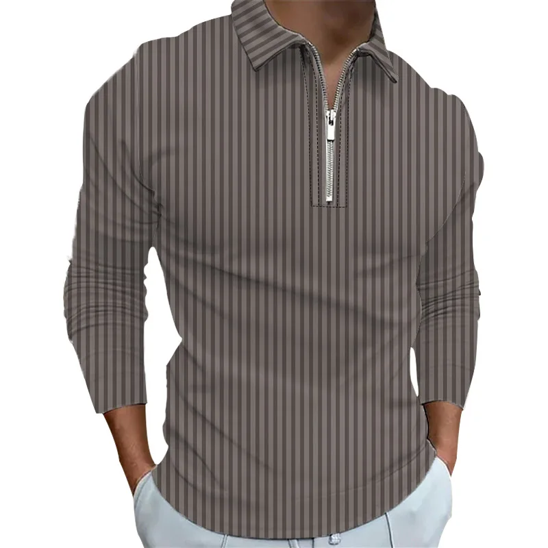 Men Fashion Spring Autumn Long Sleeve Zipper Polo Shirt Men Casual Lapel Stripe Polo Shirt .