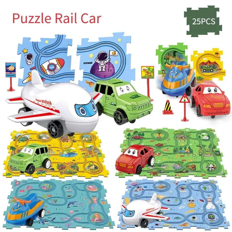 DIY Puzzle Track Car Play Set with Vehicles, Puzzle Car Track Montessori Track Car Toy Set, for 3+ Years Kids Christams Gifts