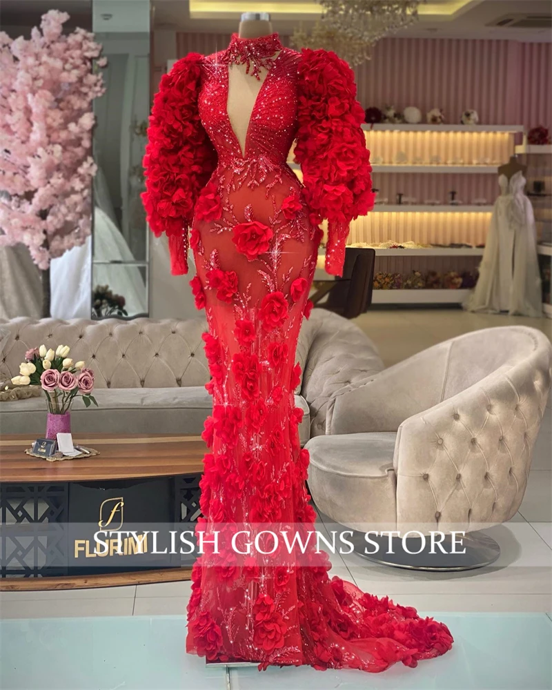 Luxury Red High Neck Evening Gowns Lantern Sleeve Birthday Party Gown Beaded 3D Flowers Formal Dress Mermaid Customized