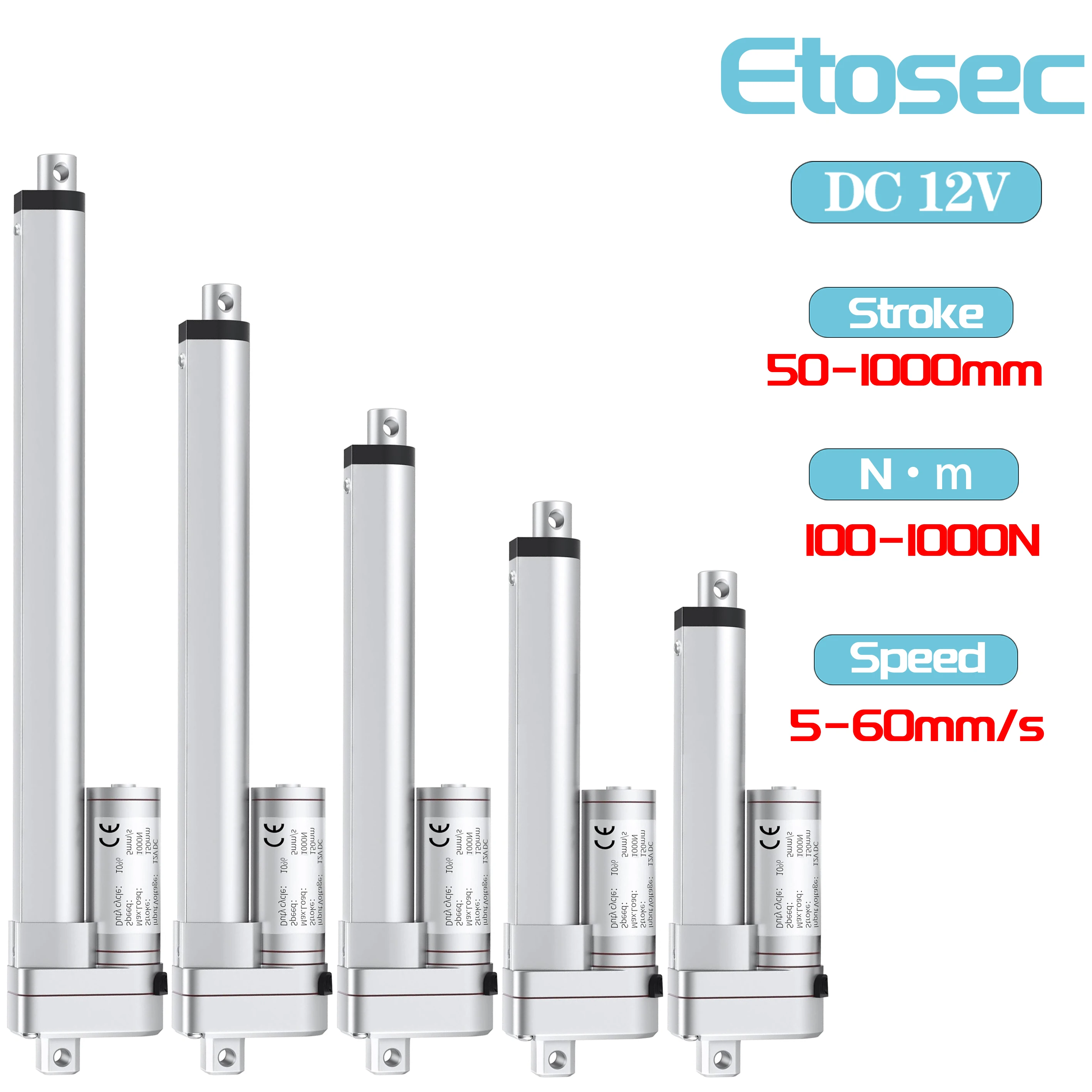 Etosec 12V 1000N Linear Actuator 50mm 100mm 200mm 400mm 600mm 800mm 900mm 1000mm Stroke Solar Tracker Motorisation Motor 90mm/s