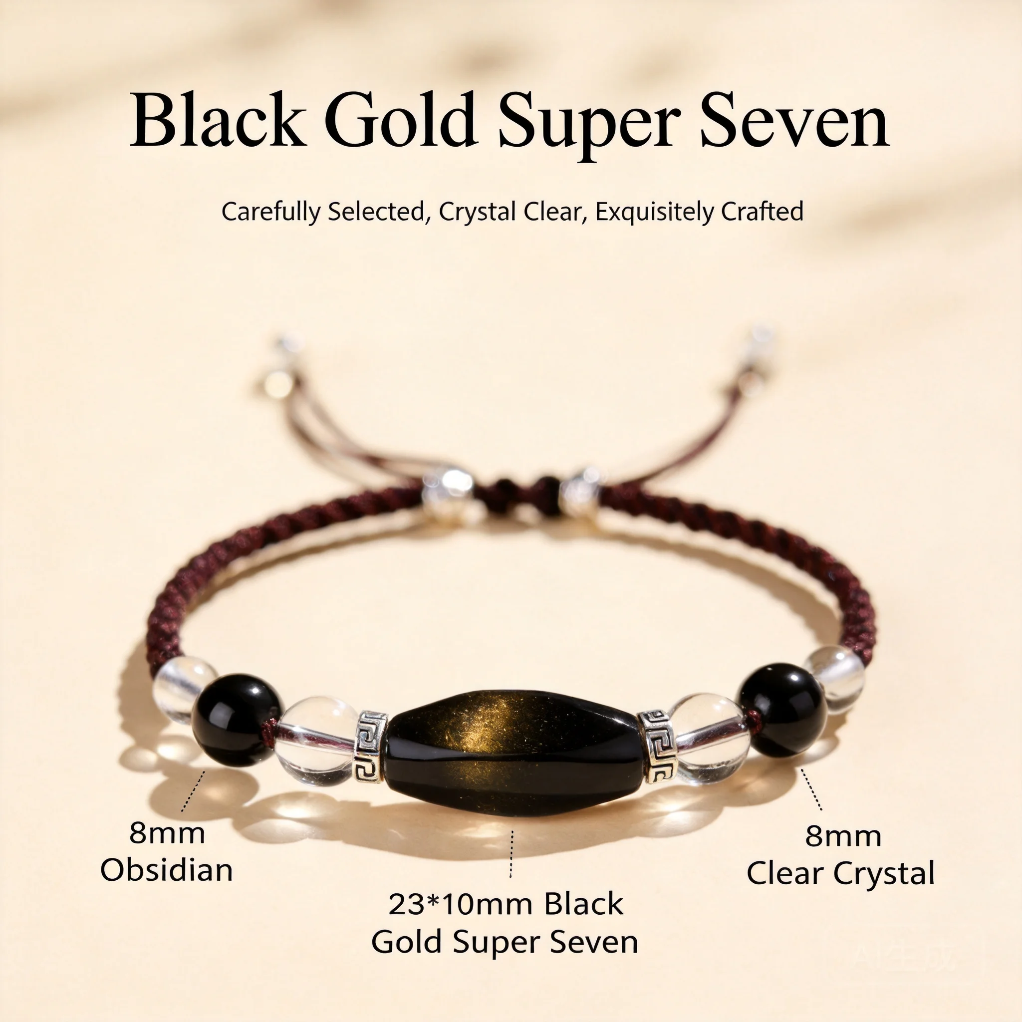 

Chinese Style Lucky Black Gold Super Seven Bracelet Handwoven Ice Obsidian Clear Quartz Adjustable Couple Bracelet For Good Luck