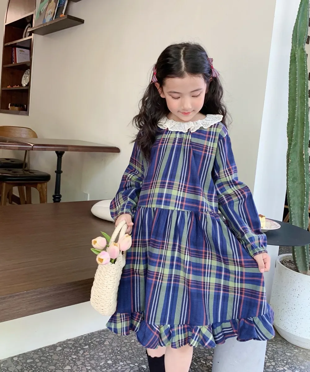 

Fall kids girls clothes baby dresses French-style plaid-patterned long-sleeved girls dress sweet lace collar dress