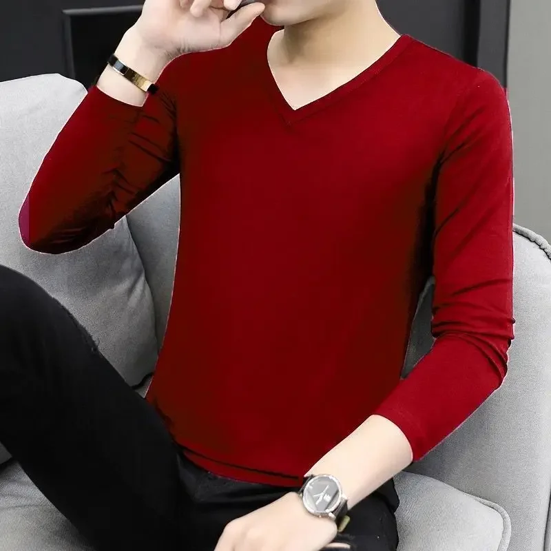 

Spring and Autumn V Neck Sweatshirts Elasticity Fashion Trends 2025 T Shirt for Men Long Sleeve Y2k Clothes Funny Man Pullovers